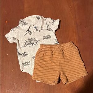 Jurassic Park Gray Dinosaur Print Onesie and Tan Striped Shorts Set